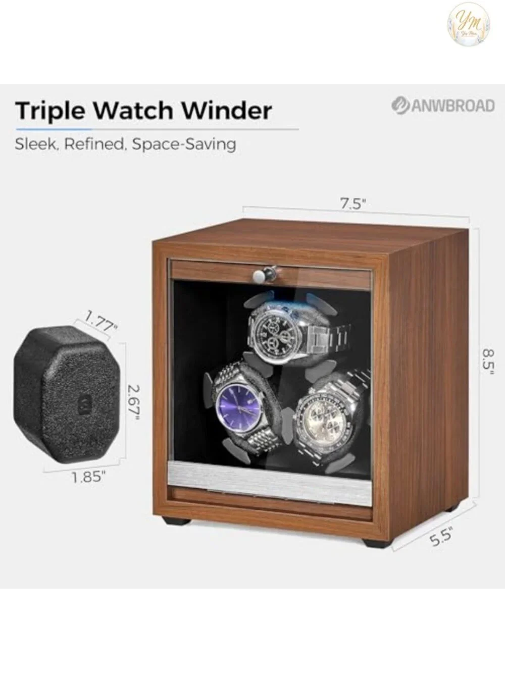Wooden 3-Slot Automatic Watch Winder with Quiet Motor
